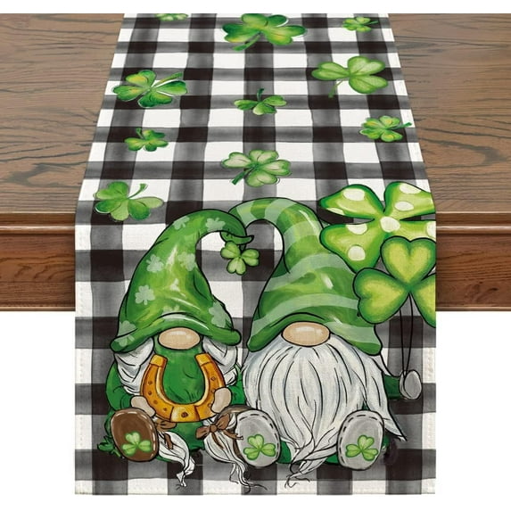 St Patricks Day Table Runner, Funny Gnome St Patricks Day Decoraions Lucky Shamrock Seasonal Spring Holiday Table Decorations for Indoor Outdoor Dining Table Decor (13'''' x 36'''')