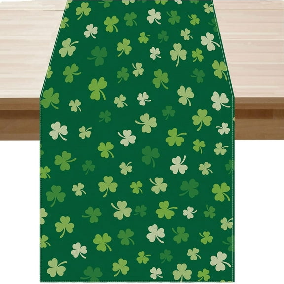 St. Patricks Day Table Runner Green Shamrock Burlap Table Decoration for Home Kitchen Dining Dinner Indoor Holiday Farmhouse Decor 13x48 Inch
