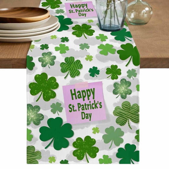 St Patricks Day Table Runner, Shamrock Grey Green Spring Modern Leaf Washable Cotton Linen Table Runners 108 Inches Long, Dresser Scarf Runner for Dining/Living Room/Kitchen/Square Tables 13''x108''