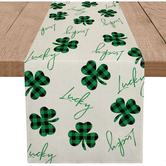 St Patricks Day Table Runner Shamrock Lucky Green Long Burlap Spring Holiday Kitchen Dining Banquet Indoor Outdoor Decorations Family Party Decor 13 x 72 Inch