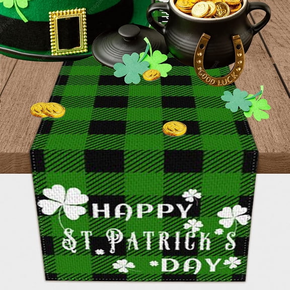 St Patricks Day Table Runner Spring Green Shamrock Burlap Table Runners Holiday Decoration Kitchen Dining Buffalo Plaid Lucky Clover Table Runners for Home Party Decor 13 x 72 Inch