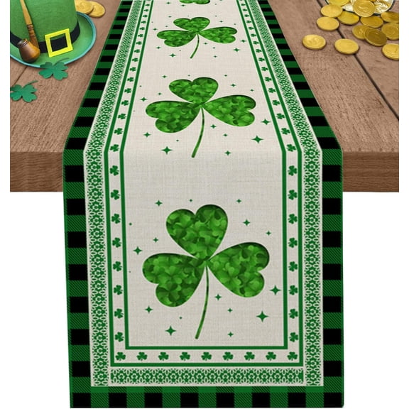 St. Patricks Day Table Runners 36 Inches Long, Shamrock Black and Green Buffalo Plaid Coffee Table Runner for Living Room,Cotton Linen Farmhouse Table Runner for Wedding/Party 13x36 Inch