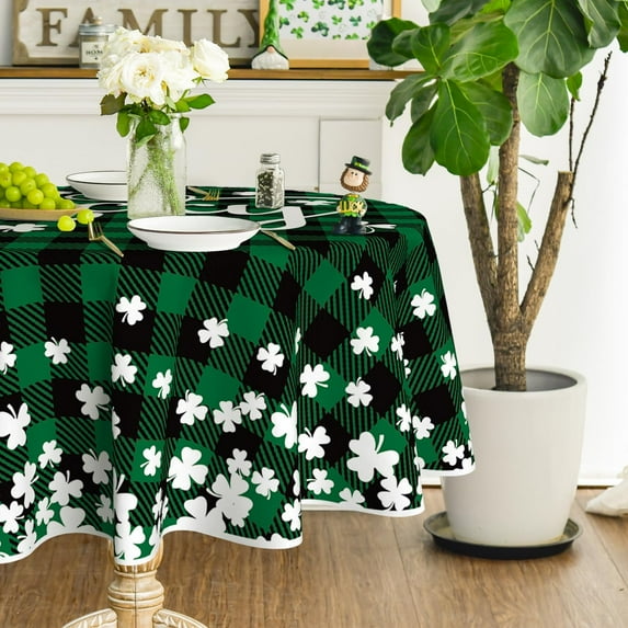 St. Patricks Day Tablecloth 60×60 Inch Round, Buffalo Plaid Shamrock Lucky Washable Table Cover for Party Picnic Dinner Decor