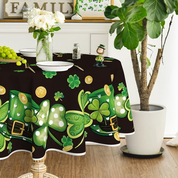 St. Patricks Day Tablecloth 60×60 Inch Round, Clover Shamrock Hat Black Washable Table Cover for Party Picnic Dinner Decor