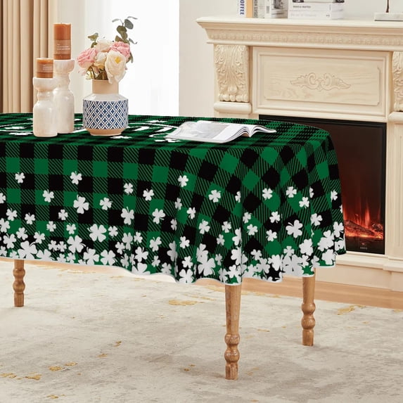 St. Patricks Day Tablecloth 60×84 Inch Oval, Buffalo Plaid Shamrock Lucky Washable Seasonal Table Cover for Party Picnic Dinner Decor