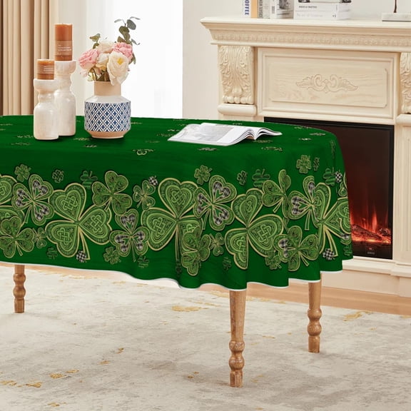 St. Patricks Day Tablecloth 60×84 Inch Oval, Green Shamrock Celtic Knot‌ Relief Style Washable Seasonal Table Cover for Party Picnic Dinner Decor