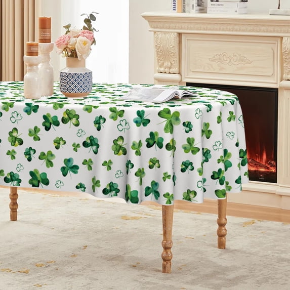 St. Patricks Day Tablecloth 60×84 Inch Oval, Shamrock Irish Clover Luck Washable Seasonal Table Cover for Party Picnic Dinner Decor