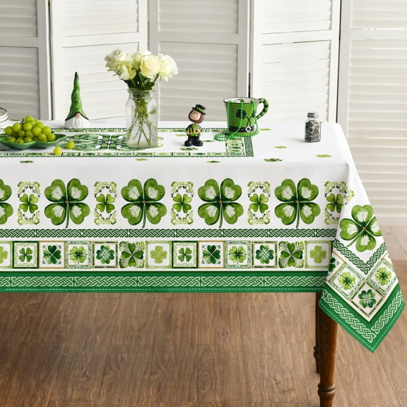 St. Patricks Day Tablecloth 60×84 Inch Rectangular, Green Shamrock Celtic Knot‌ Boho Style Washable Seasonal Table Cover for Party Picnic Dinner Decor
