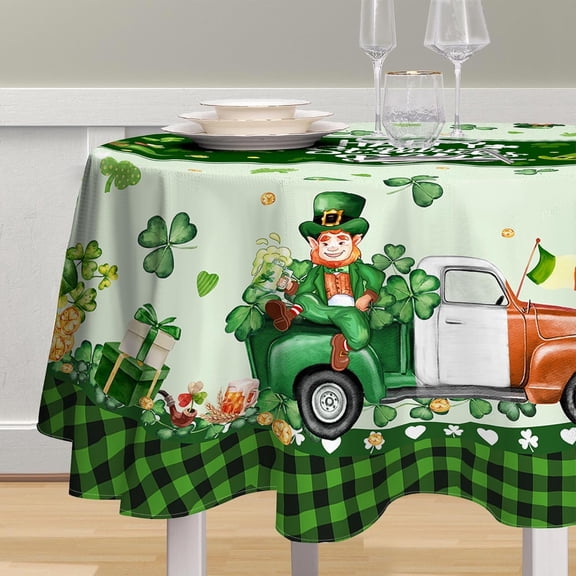 St Patricks Day Tablecloth 60 Inches, Happy St Patricks Day Green Leprechaun Tablecloth Round, Irish Holiday Shamrock Truck Table Cloth, Farmhouse Decorations for Table, Party Decor