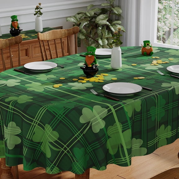 St Patricks Day Tablecloth Oval 60x84 Inch, Washable Green Plaid Shamrock St Patricks Tablecloth Spring Holiday Waterproof Scalloped Edge Table Cloth Home Party Picnic Table Decorations