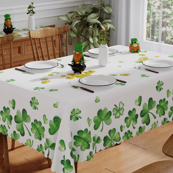 St Patricks Day Tablecloth Rectangle 60x84 Inch, Washable Green Shamrock Lucky St Patricks Tablecloth Spring Holiday Waterproof Scalloped Edge Table Cloth Home Party Picnic Table Decorations