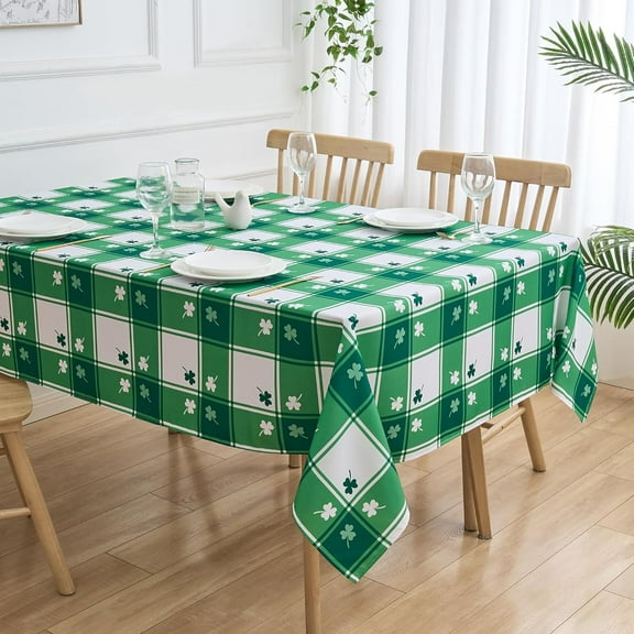 St Patricks Day Tablecloth Rectangle Shamrock Green and White Plaid Table Cloth - 60 x 84 Oblong Polyester Irish Clover Checkered Spring Table Cover Washable Waterproof for Party Picnic Dinner Décor
