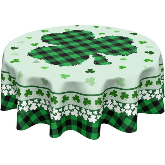 St. Patricks Day Tablecloth Round 60 Inch Green Irish Shamrock Table Cloths Circle Clover Buffalo Plaid Table Cover Washable Wipeable Polyester Tabletop for Dining Kitchen Picnic Party Decor