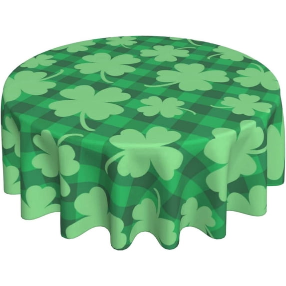 St Patricks Day Tablecloth Round 60 Inch Green Shamrocks Buffalo Check Plaid Round Tablecloths Washable Polyester Table Cloth for Kitchen Dining Room Outdoor Holiday Patio Picnic Party