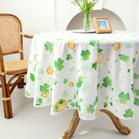 St. Patricks Day Tablecloth Round 60 Inch, Waterproof Clover Themed Table Cloth, Washable Table Cover for Holiday Dinner Party Decoration