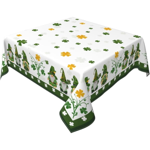 St. Patricks Day Tablecloth Square 54 x 54 Inch Gnomes Shamrock Square Table Cloth Polyester Fabric Gold Green Clover Elf Holiday Table Cover for Kitchen Party Picnic Outdoor Decor