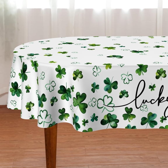 St Patricks Day Tablecloth, St Patricks Day Decorations Lucky Decor Green Shamrock Table Cover Seasonal Spring Scallop Edge Table Cloth (84'''' x 60'''' Oval)