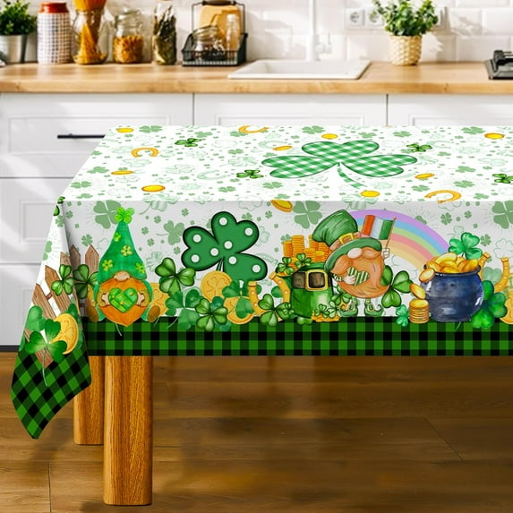 St Patricks Day Tablecloth, St Patricks Table Cloth Rectangle 60 x 104 with Shamrock Gnome, Saint Patricks Day Oblong Tablecloth Buffalo Check Plaid Kitchen Table Cover for Dining Room Indoor Decor