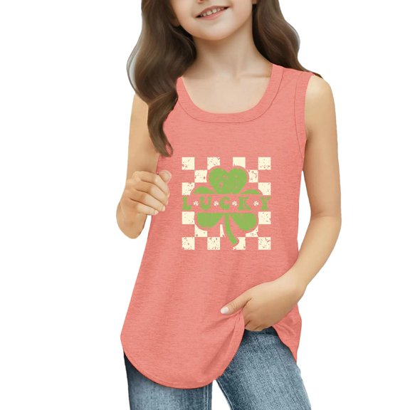 St Patricks Day Tank Tops Kids Girls Crewneck Shamrock Sleeveless Shirts Casual Irish Graphic Tees Tops Cute Clover Spring Loose Fit T-Shirts,Watermelon Red 11-12 Years