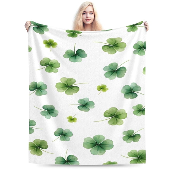 St Patricks Day Throw Blanket Watercolor Shamrock Green Clover Irish Soft Cozy Flannel Blankets for Bed Sofa Couch Chair Home De 50x40