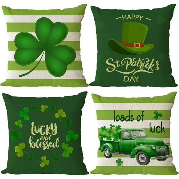 St Patricks Day Throw Pillow Covers 12x12 Set of 4 Green Plaid Decorative Pillow Covers Saint Patricks Day Shamrock Clover Truck Cushion Covers Pillow Cases for Home Outdoor Sofa Decoration(12 inch)