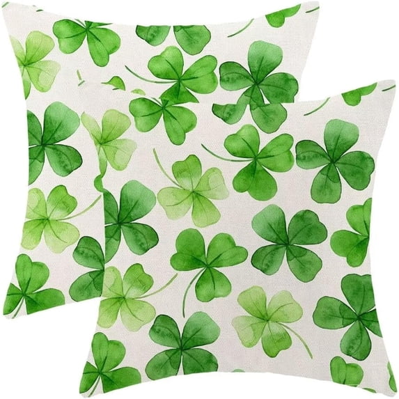 St Patricks Day Throw Pillow Covers 18x18 Inch Set of 2, Green Shamrock Lucky Clover Pillow Covers Farmhouse Linen Spring Shamrock Cushion Case Decoration for Sofa Couch Indoor Outdoor