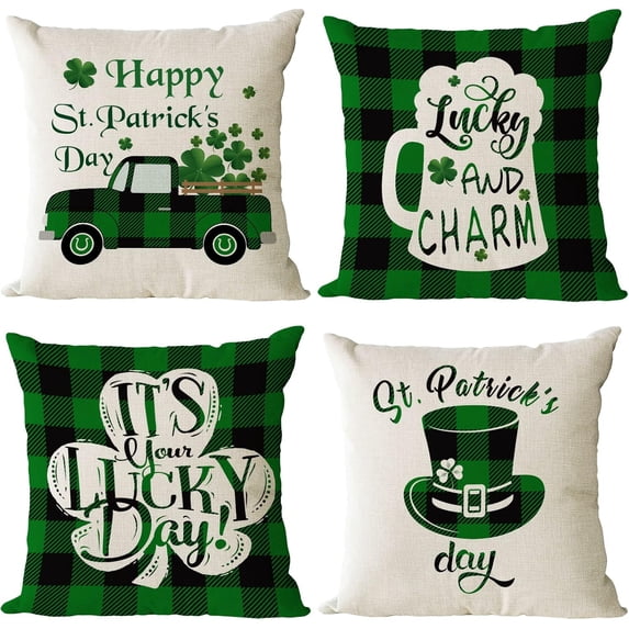 St Patricks Day Throw Pillow Covers 18x18 Set of 4 Green Plaid Decorative Pillow Covers Saint Patricks Day Shamrock Clover Truck Cushion Covers Pillow Cases for Home Outdoor Sofa Decoration(18 inch)