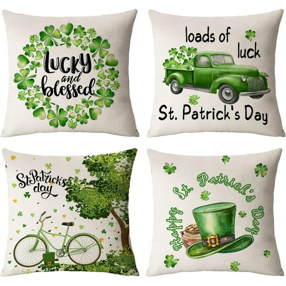 St Patricks Day Throw Pillow Covers 18x18 Set of 4 Saint Patricks Day Pillow Covers green Shamrock Clover Lucky Truck Pillow Covers Cushion Covers Pillow Cases for Home Outdoor Decorations (18 inch)