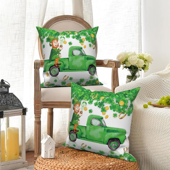 St Patricks Day Throw Pillow Covers 18x18 Set of 2,Gnomes Shamrock Lucky Truck Decorative Pillow Cases for Bedroom Sofa Couch