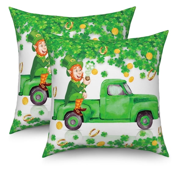 St Patricks Day Throw Pillow Covers 18x18 Set of 2,Gnomes Shamrock Lucky Truck Decorative Pillow Cases for Bedroom Sofa Couch
