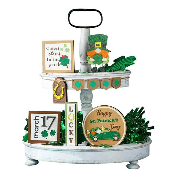 St Patricks Day Tiered Tray Set Wooden Signs Table Centerpiece with Holder for Party Easter Decoration St Patrick's Day Decorations
