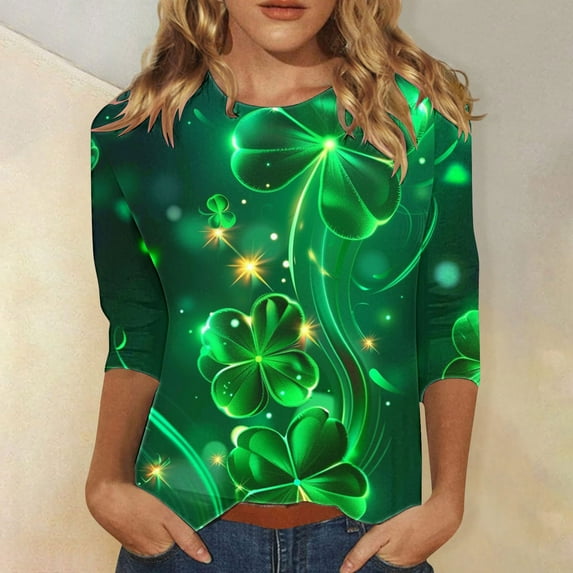 St Patricks Day Top for Women, 3/4 Sleeve T Shirts, Crew Neck Blouse Tops Ladies' Loose Casual St. Patrick's Day Printed Round Neck Three Quarter Sleeves T-Shirt Top