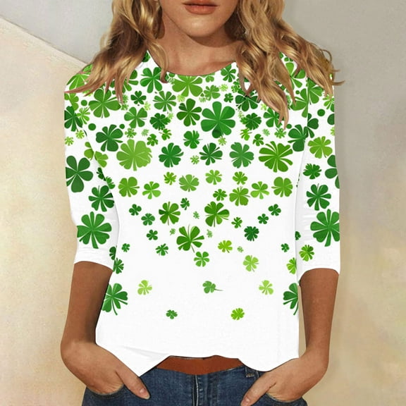 St Patricks Day Top for Women, 3/4 Sleeve T Shirts, Crew Neck Blouse Tops Ladies' Loose Casual St. Patrick's Day Printed Round Neck Three Quarter Sleeves T-Shirt Top