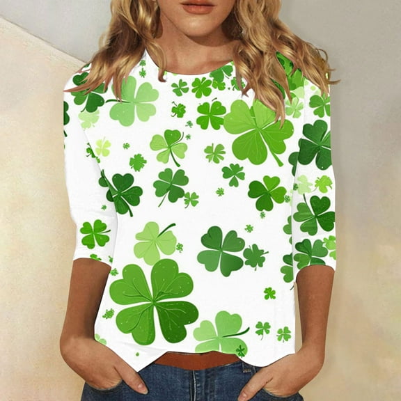 St Patricks Day Top for Women, 3/4 Sleeve T Shirts, Crew Neck Blouse Tops Ladies' Loose Casual St. Patrick's Day Printed Round Neck Three Quarter Sleeves T-Shirt Top