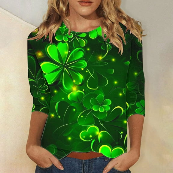 St Patricks Day Top for Women, 3/4 Sleeve T Shirts, Crew Neck Blouse Tops Ladies' Loose Casual St. Patrick's Day Printed Round Neck Three Quarter Sleeves T-Shirt Top