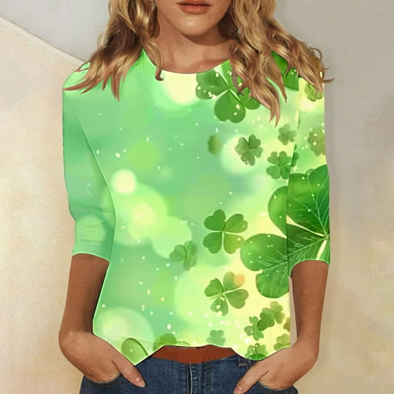 St Patricks Day Top Women, 3/4 Sleeve T Shirts for Women, Round Neck Blouses Tee Shirts Ladies' Casual Loose St. Patrick's Day Printed Blouse Crewneck Three Quarter Sleeves T-Shirt Top