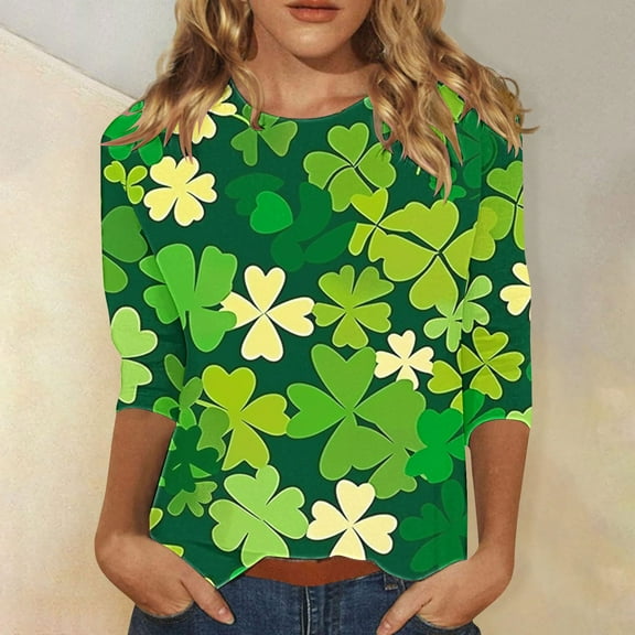 St Patricks Day Top Women, 3/4 Sleeve T Shirts for Women, Round Neck Blouses Tee Shirts Ladies' Casual Loose St. Patrick's Day Printed Blouse Crewneck Three Quarter Sleeves T-Shirt Top