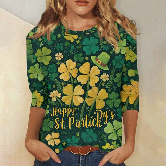 St Patricks Day Tops T-Shirt Blouse for Womens 3/4 Length Sleeve Round Neck Shamrock Printed Graphic Tees Trendy St Patricks Day Themed T-Shirts
