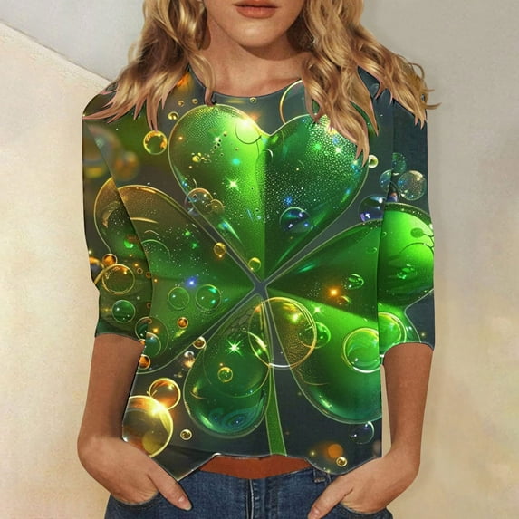 St Patricks Day Tops for Women, 3/4 Sleeve T Shirt, Crew Neck Tees Blouse Ladies' Loose Casual St. Patrick's Day Printed Shirts Round Neck Three Quarter Sleeves 3/4 Sleeved T-Shirt Top