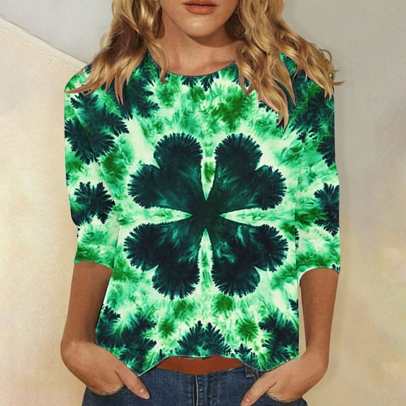 St Patricks Day Tops for Women, 3/4 Sleeve T Shirt, Crew Neck Tees Blouse Ladies' Loose Casual St. Patrick's Day Printed Shirts Round Neck Three Quarter Sleeves 3/4 Sleeved T-Shirt Top