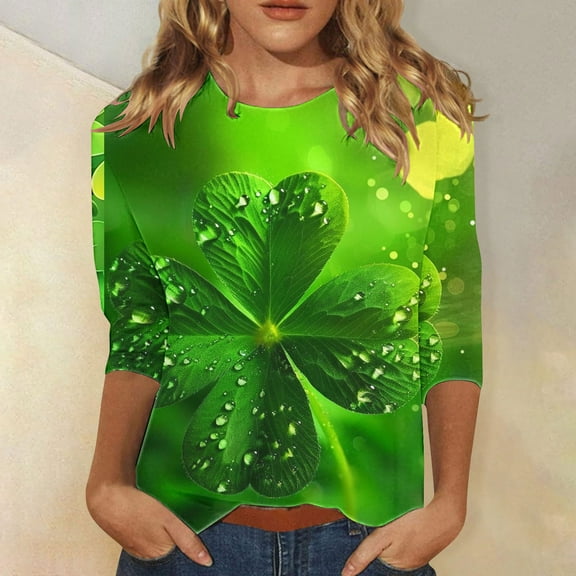 St Patricks Day Tops for Women, 3/4 Sleeve T Shirt, Crew Neck Tees Blouse Ladies' Loose Casual St. Patrick's Day Printed Shirts Round Neck Three Quarter Sleeves 3/4 Sleeved T-Shirt Top
