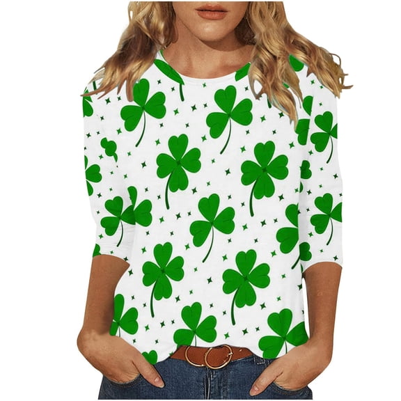 St Patricks Day Tops for Women Ireland Gifts 3/4 Sleeve Crewneck Shamrock Print Funny Shirts Casual Irish Themed T Shirt Holiday Pullover Spring Summer Plus Size
