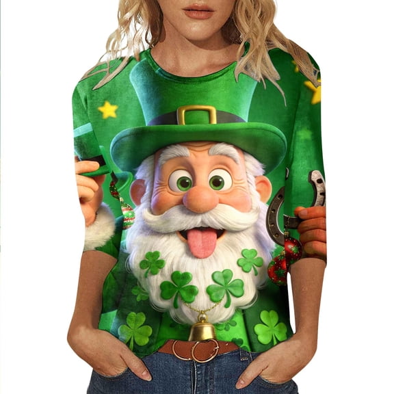 St Patricks Day Tops for Women Ireland Gifts 3/4 Sleeve Crewneck Shamrock Print Funny Shirts Casual Irish Themed T Shirt Holiday Pullover Spring Summer Plus Size