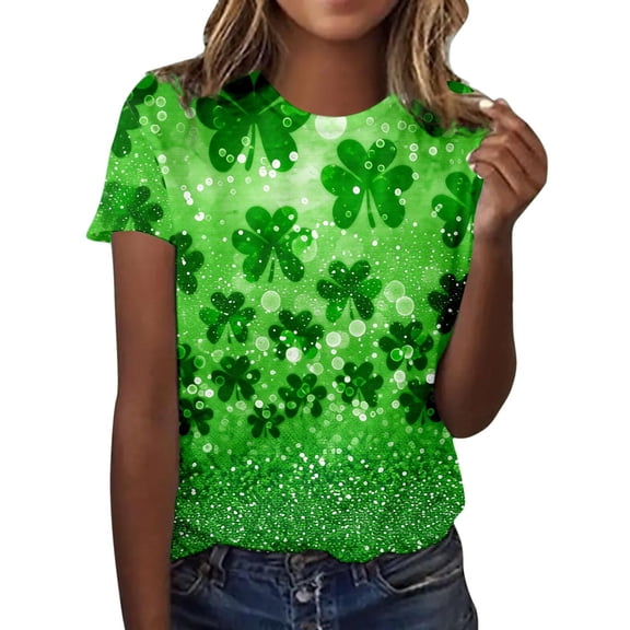 St Patricks Day Tops for Women Ireland Gifts Short Sleeve Crew Neck Shamrock Print Funny Shirts Casual Irish Festival Holiday Pullover Spring Summer for Everyday Wear
