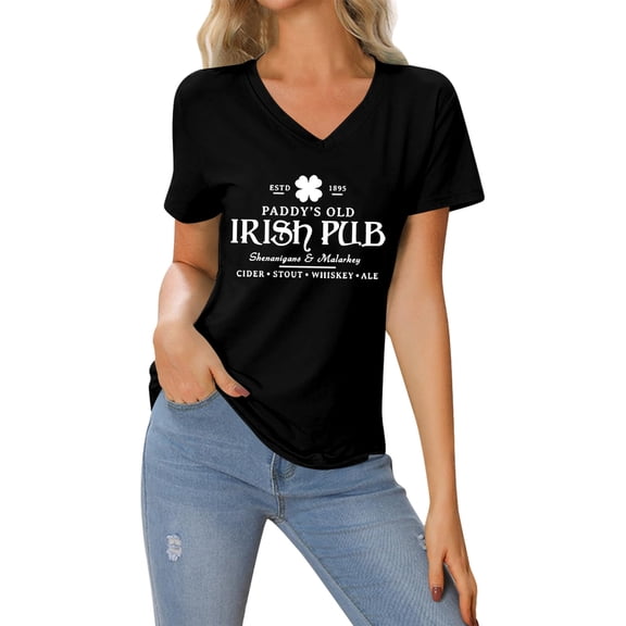 St Patricks Day Tops for Women Ireland Gifts Short Sleeve V Neck Graphic Print Funny Shirts Casual Irish Festival Holiday Pullover Spring Summer for Everyday Wear