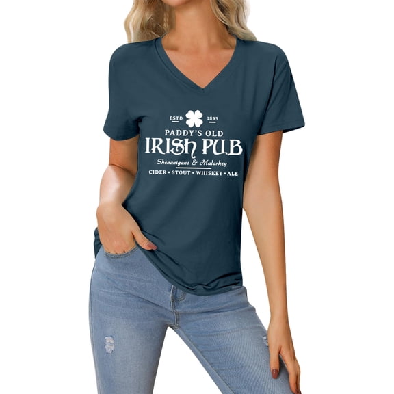 St Patricks Day Tops for Women Ireland Gifts Short Sleeve V Neck Graphic Print Funny Shirts Casual Irish Festival Holiday Pullover Spring Summer for Everyday Wear