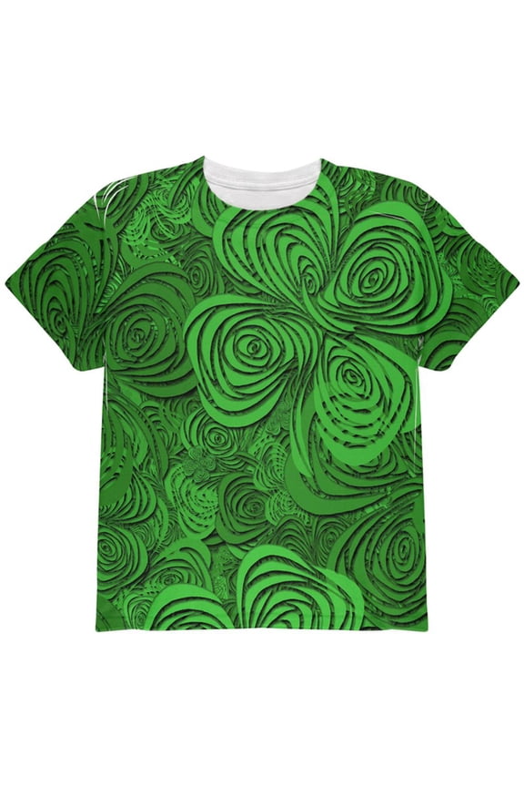 St Patricks Day Trippy Irish Clover Field All Over Youth T Shirt Multi YLG