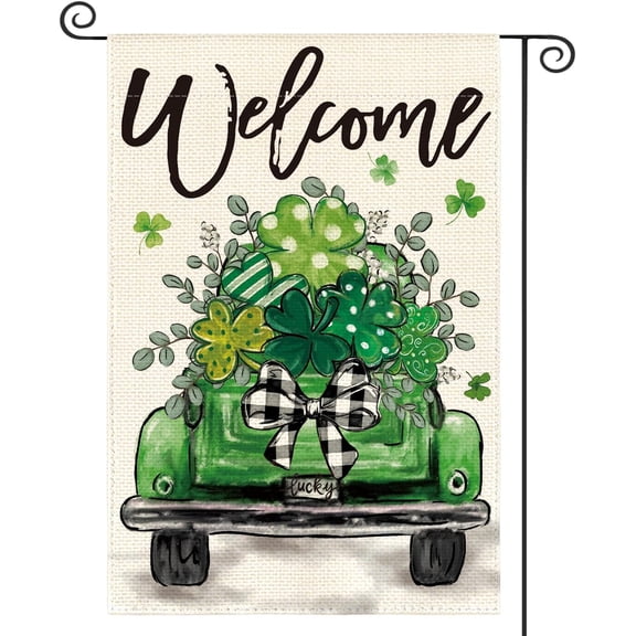 St Patricks Day Truck Garden Flag 12x18 Inch Double Sided Outside, Lucky Shamrocks Clovers Welcome Yard Outdoor Decoration
