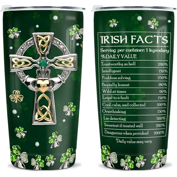 St Patricks Day Tumbler Jewelry Style Irish Fact Celtic Cross Stainless Steel Tumbler 20 Oz Cup with Lid Travel Mug Saint Paddy''s Day Gifts for Irish Women Men Family Friends