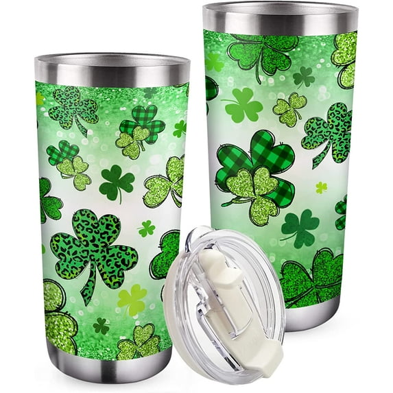 St Patricks Day Tumbler with Lid and Straw, Glitter Lucky Green Shamrocks Clover Stainless Steel Travel Coffee Cup, Saint Patricks Day Ireland Irish Gifts, 20oz Double Wall Vacuum Insulated Mug